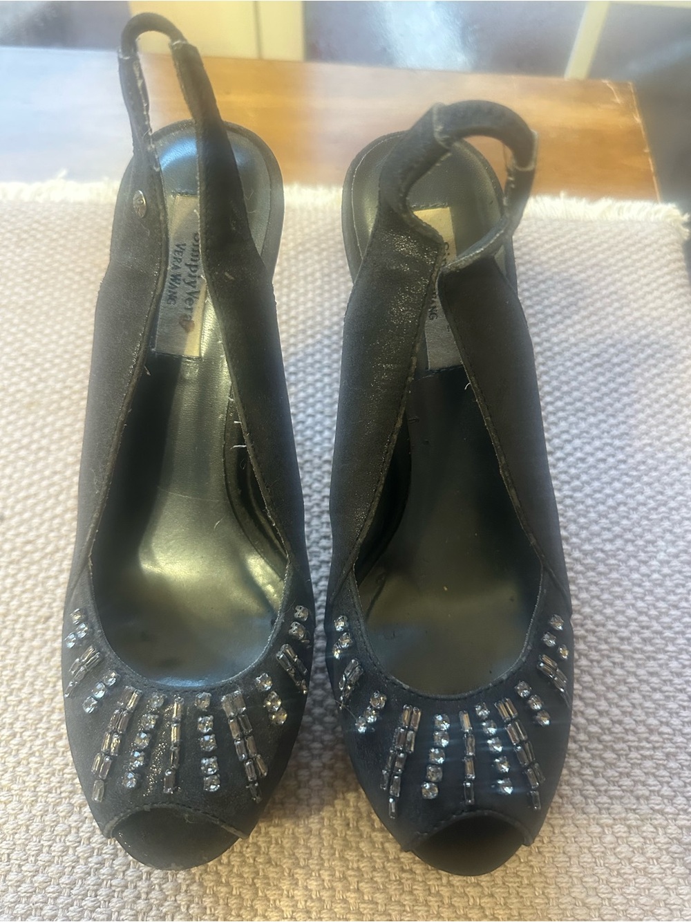 Vera Wang Black Peep-Toe Slingback Heels with Rhinestone Accent